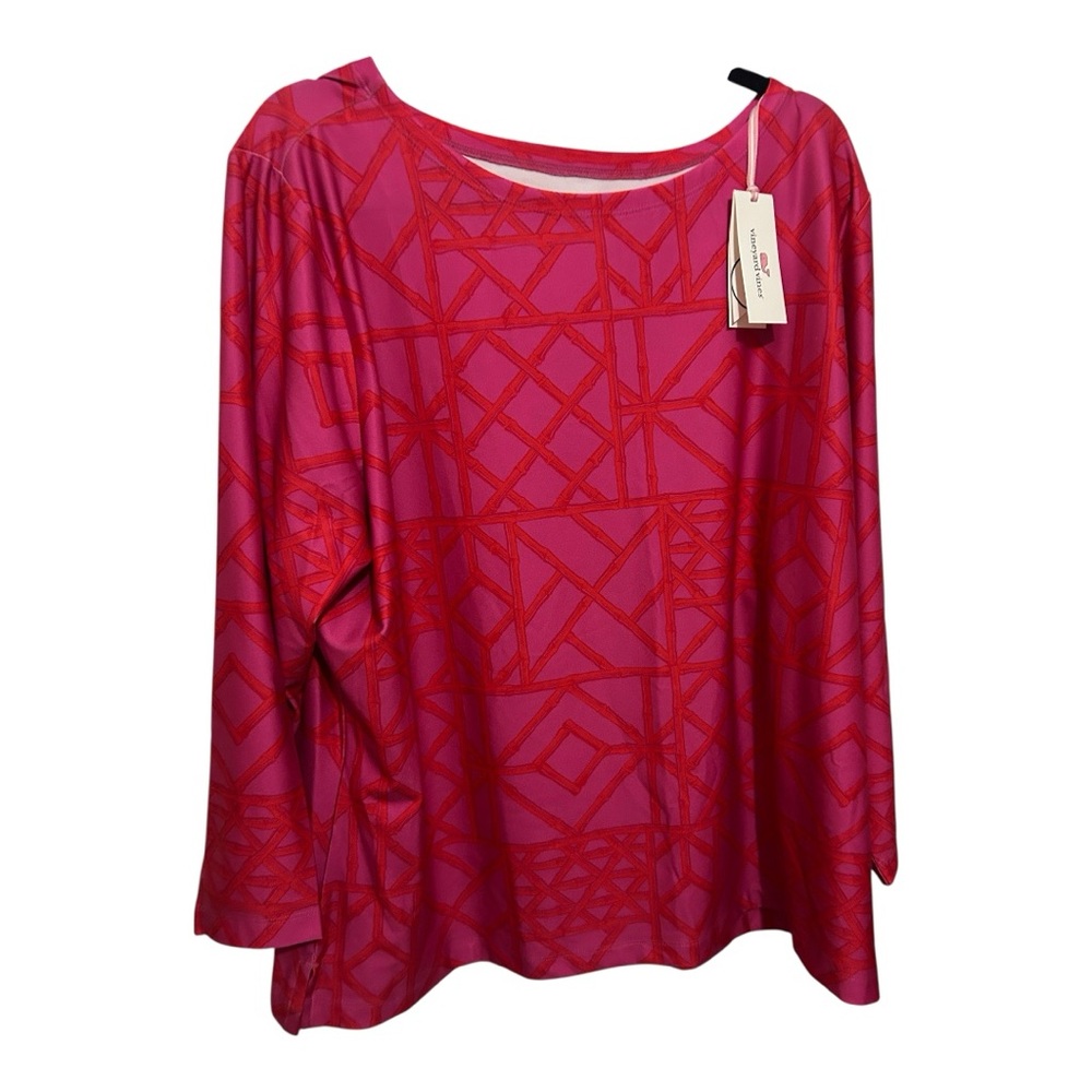 Vineyard Vines Printed UPF Simple Boatneck Tee | Raspberry Rose | 3X | NWT